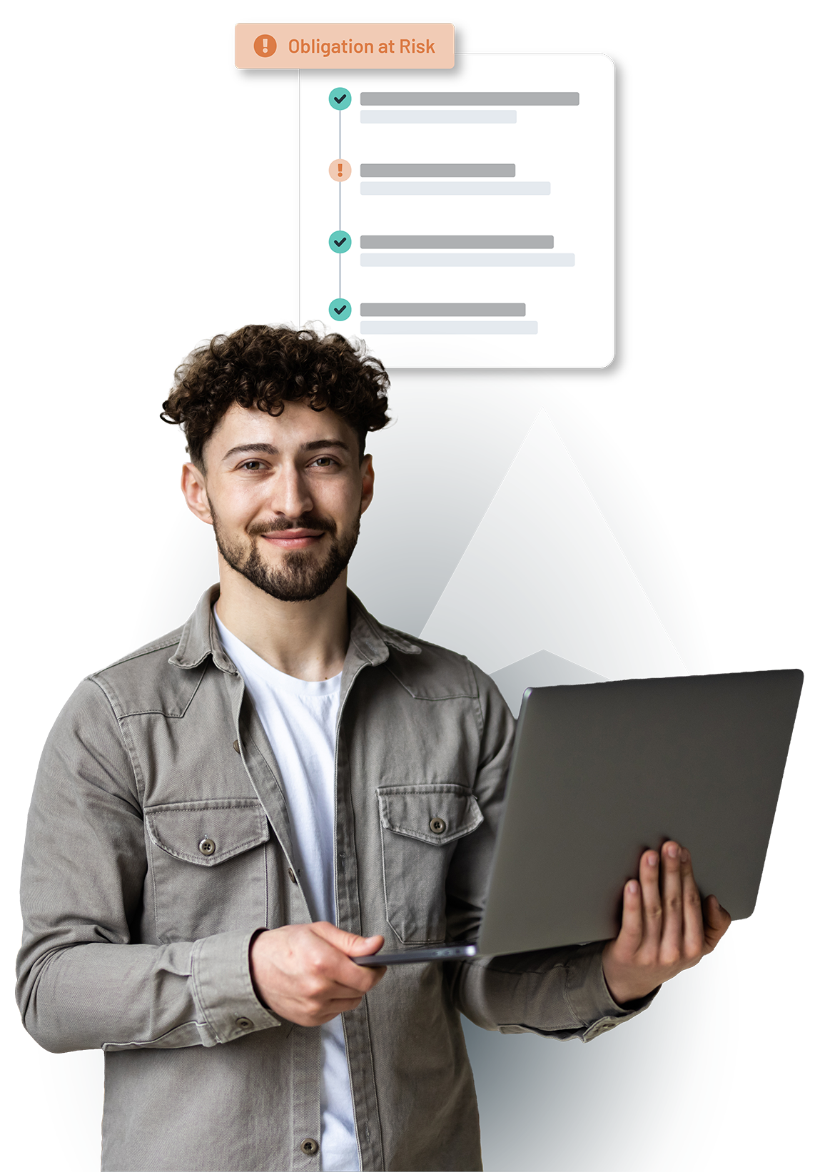 man holding laptop with Sitetracker arrow behind him and a mockup of a document with obligation at risk above him