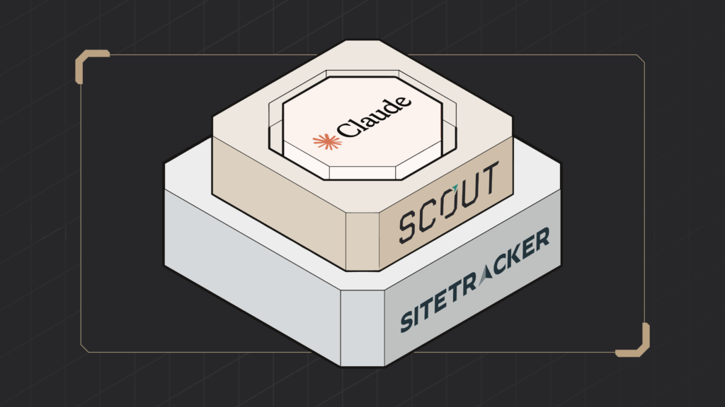 Isometric illustration of a three-tier platform featuring the Sitetracker logo on the base, Scout in the middle, and Claude on top, representing Scout integrated with Sitetracker and Claude