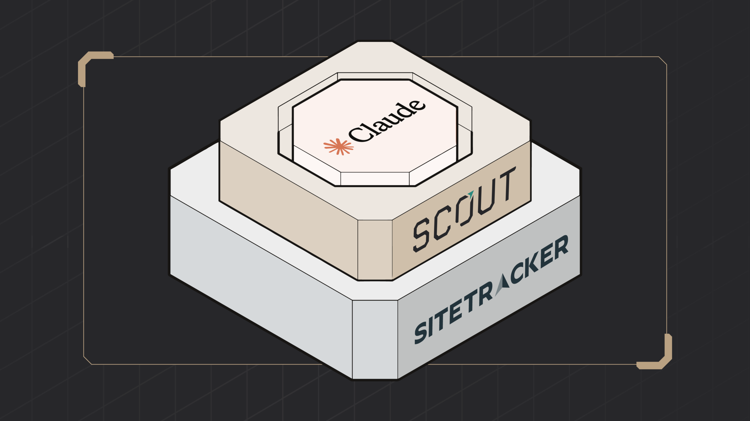 Isometric illustration of a three-tier platform featuring the Sitetracker logo on the base, Scout in the middle, and Claude on top, representing Scout integrated with Sitetracker and Claude