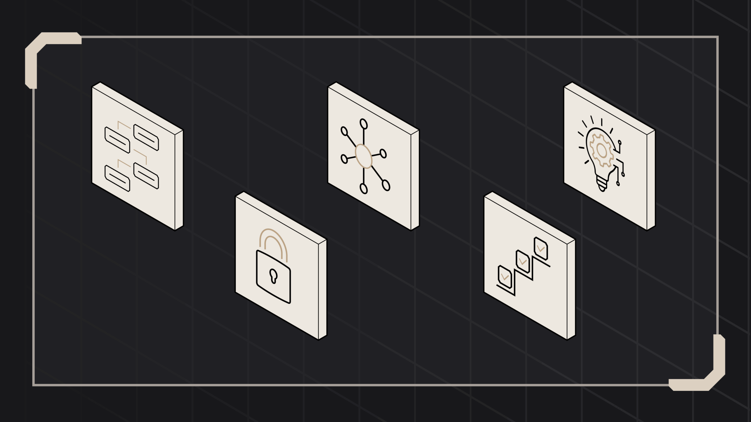 Isometric illustration of five panels representing AI evaluation criteria, including workflows, security, connectivity, process validation, and innovation