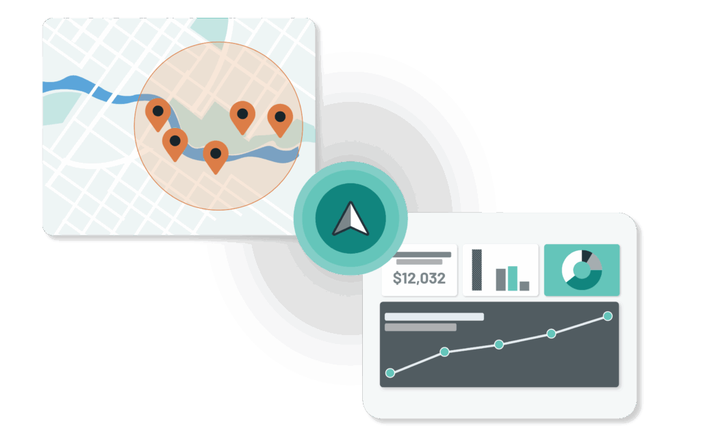 Illustration of mapped project locations alongside financial and performance dashboards for managing distributed development projects