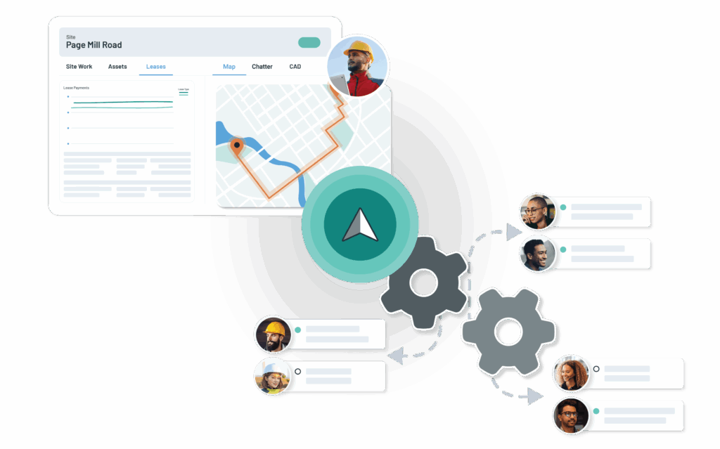 Illustration of a site management platform with a map, lease data, workflow automation, and team collaboration across multiple stakeholders