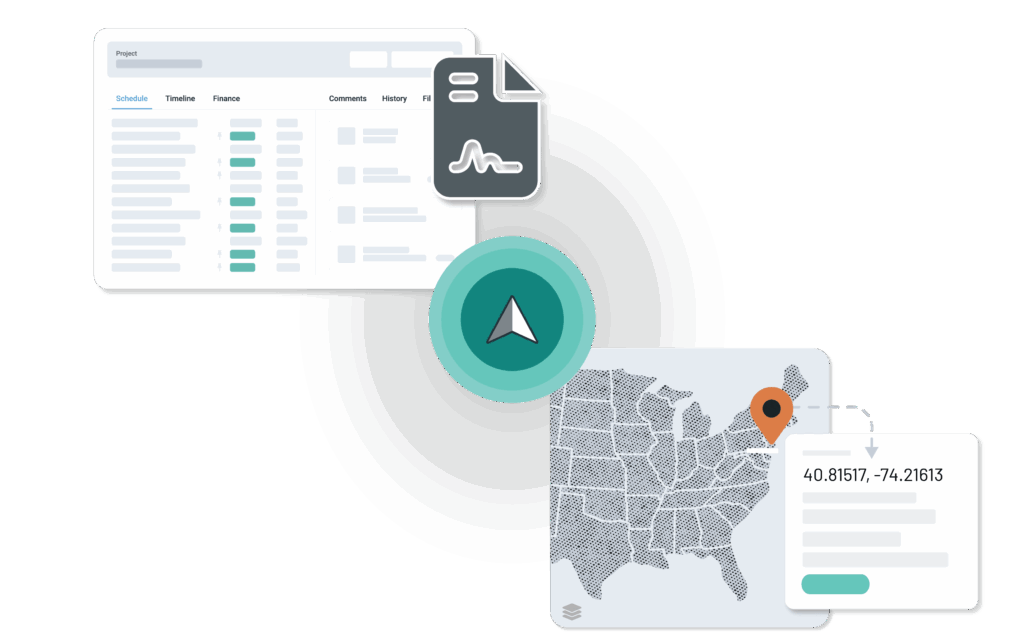 Illustration of project scheduling, digital documents, geospatial mapping, and location data used to manage distributed signage and infrastructure