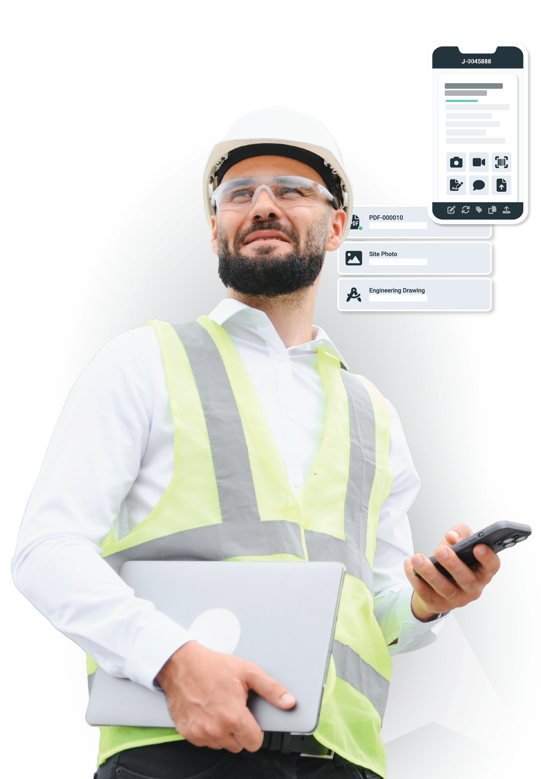 Construction professional in a safety vest and hard hat holding a laptop and smartphone, with mobile project management and site documentation tools