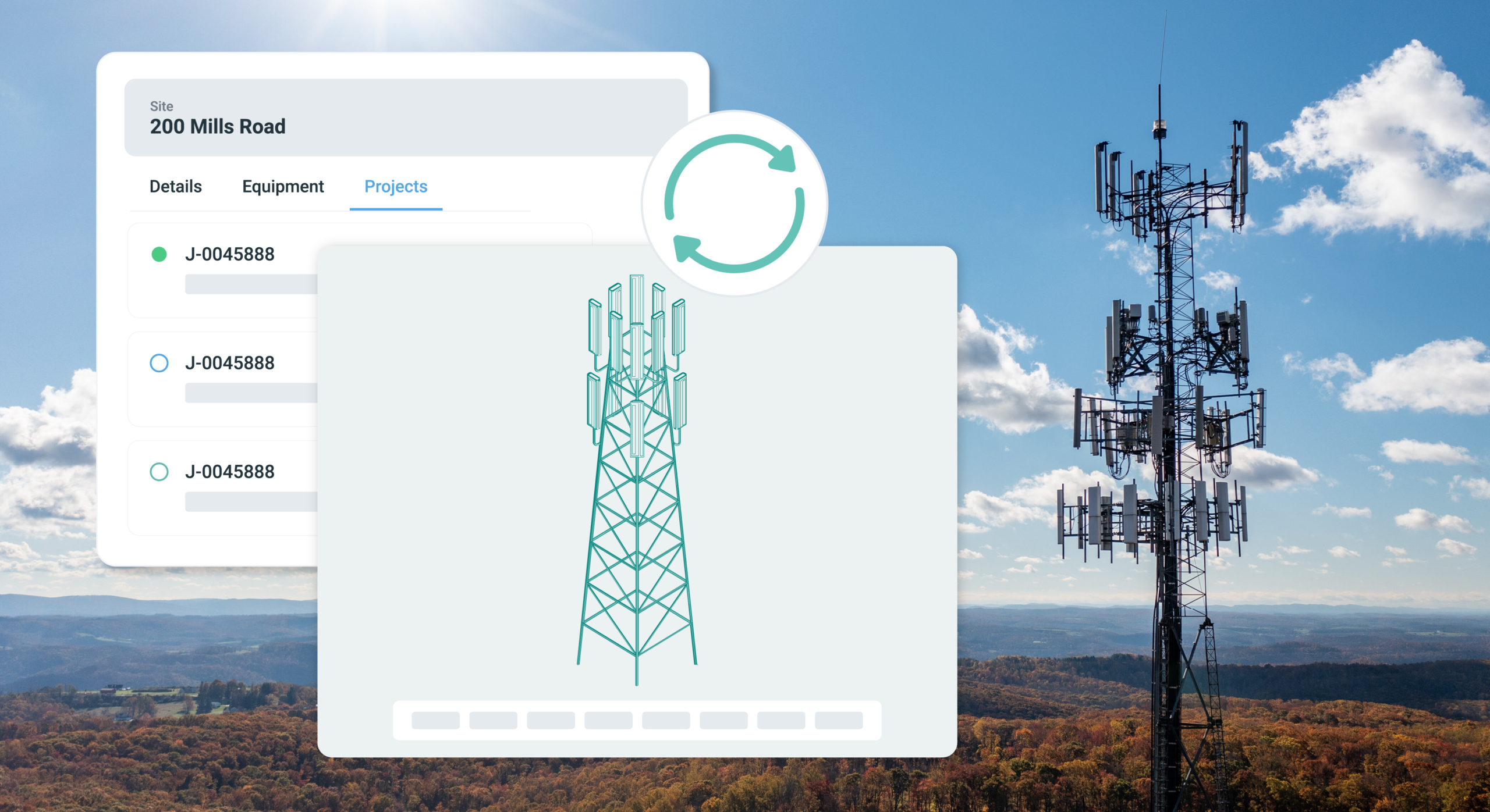 Software interface displaying site details and a 3D digital model of a cell tower synced alongside a photograph of a physical telecommunications tower in a rural landscape